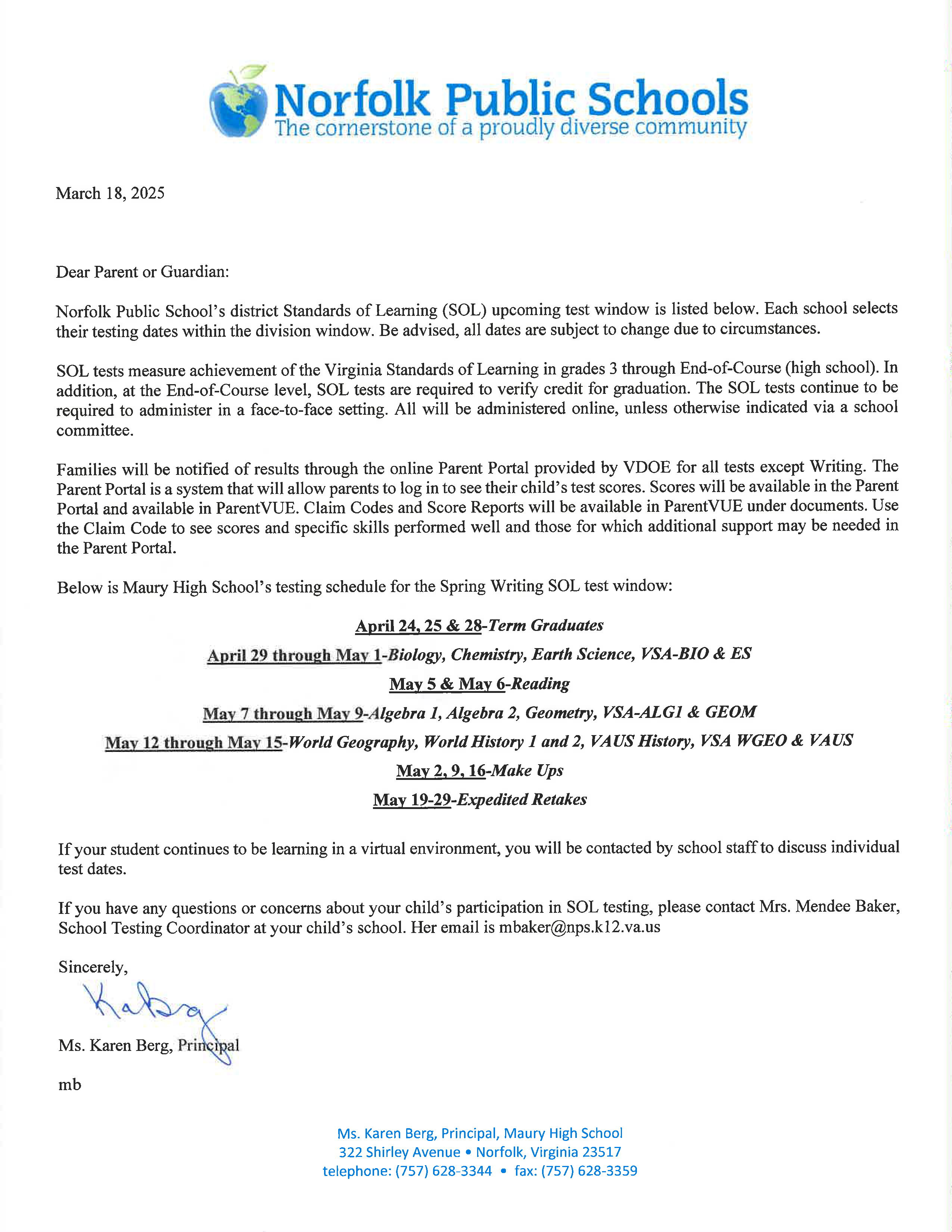 Spring SOL Testing Schedule